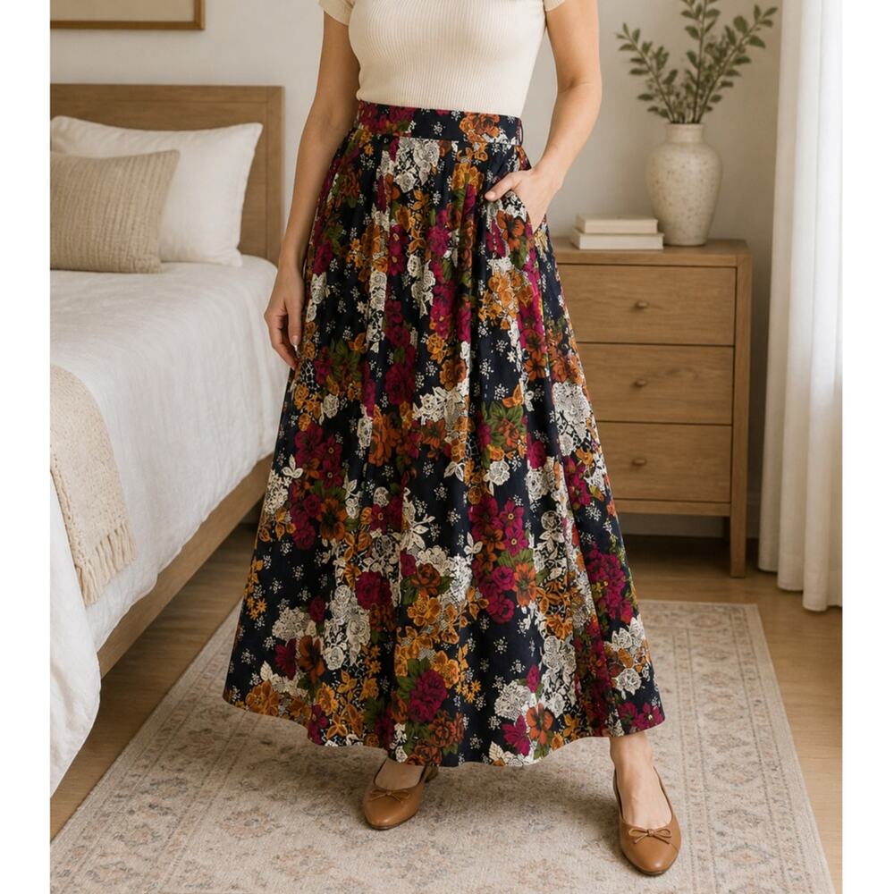 Boho Floral Maxi Skirt USA Made Pockets Pleated Size 16 Dramatic Floaty XL
